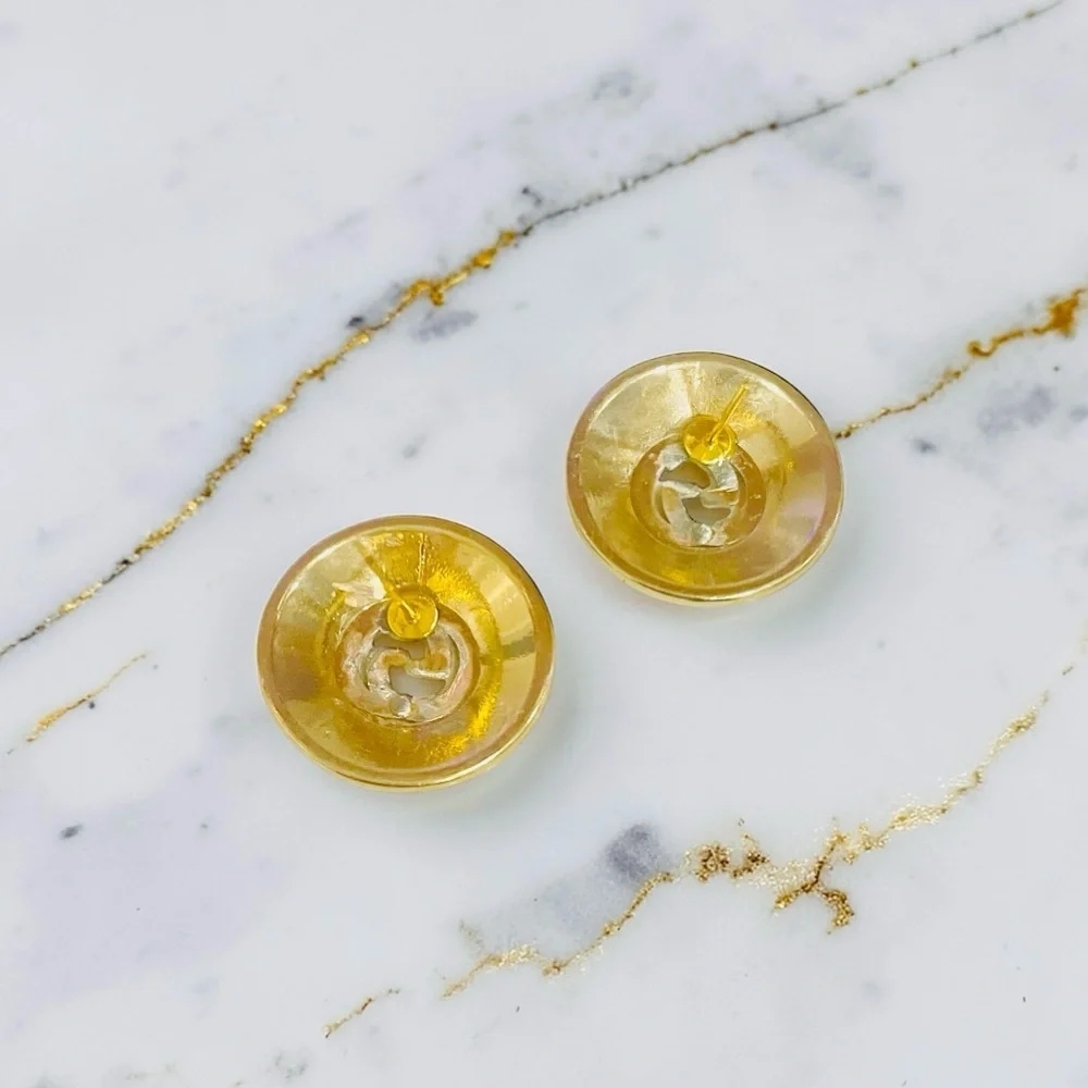 Luxury Black/Gold Signature Logo Repurposed Button Earrings 23mm